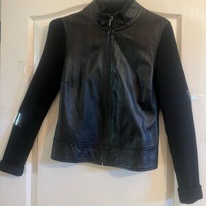 Black Leather & Knit Sleeve Jacket - Women
